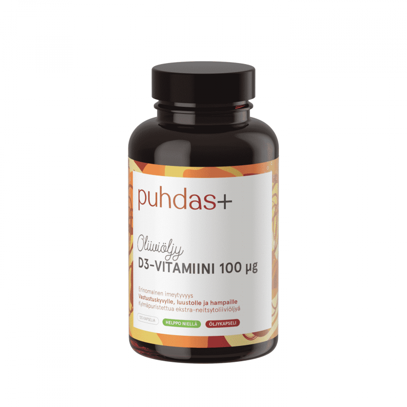 D3-vitamiini 100 ug oliiviöljyssä, 120 kaps, Puhdas+