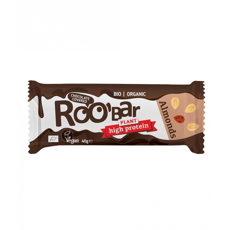 Suklaakuorrutteinen proteiini-mantelipatukka 40g, Roobar Suklaakuorrutteinen proteiini-mantelipatukka 40g, Roobar